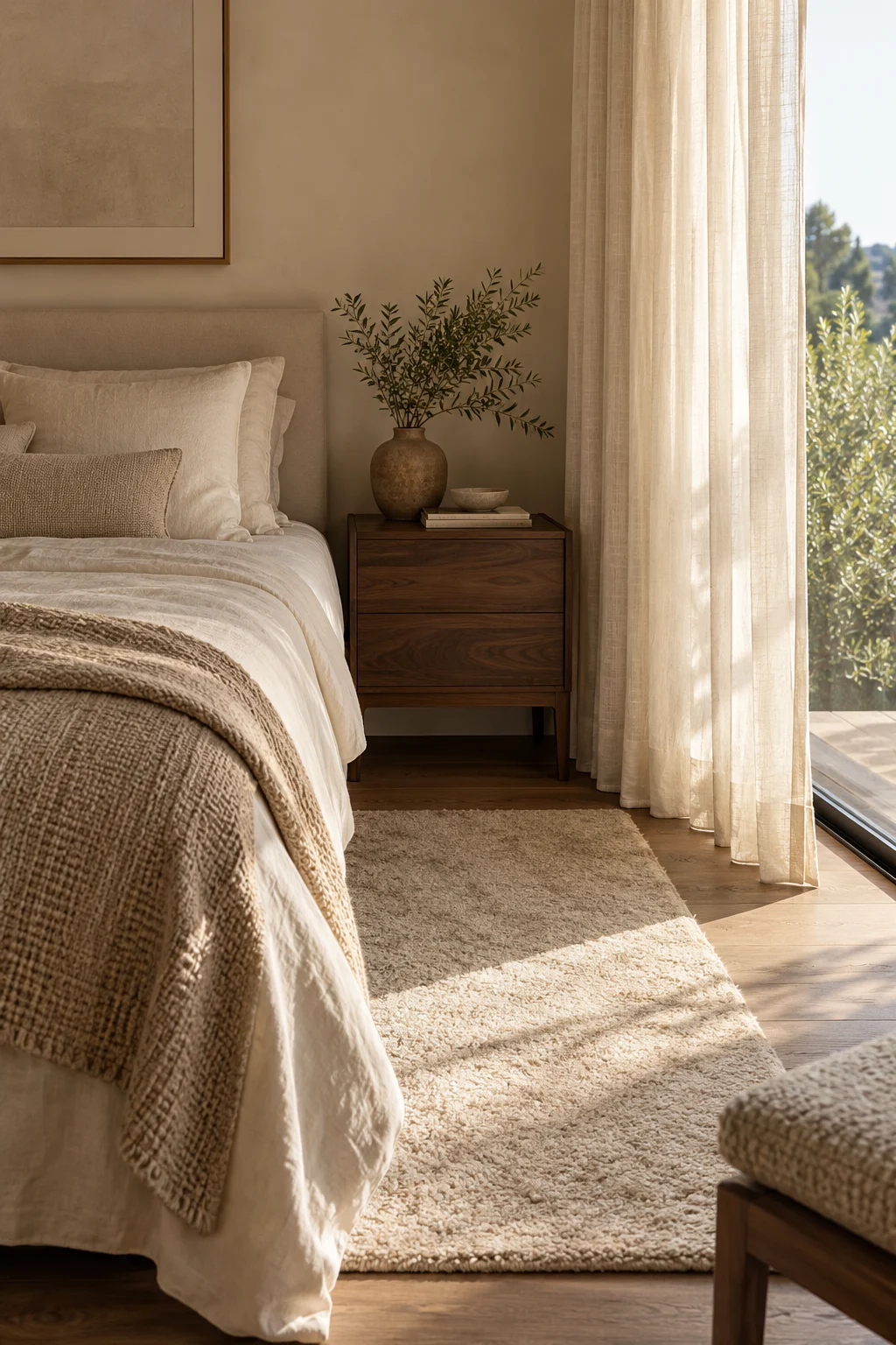 Ivory linen, walnut furniture and a soft rug in a tranquil bedroom