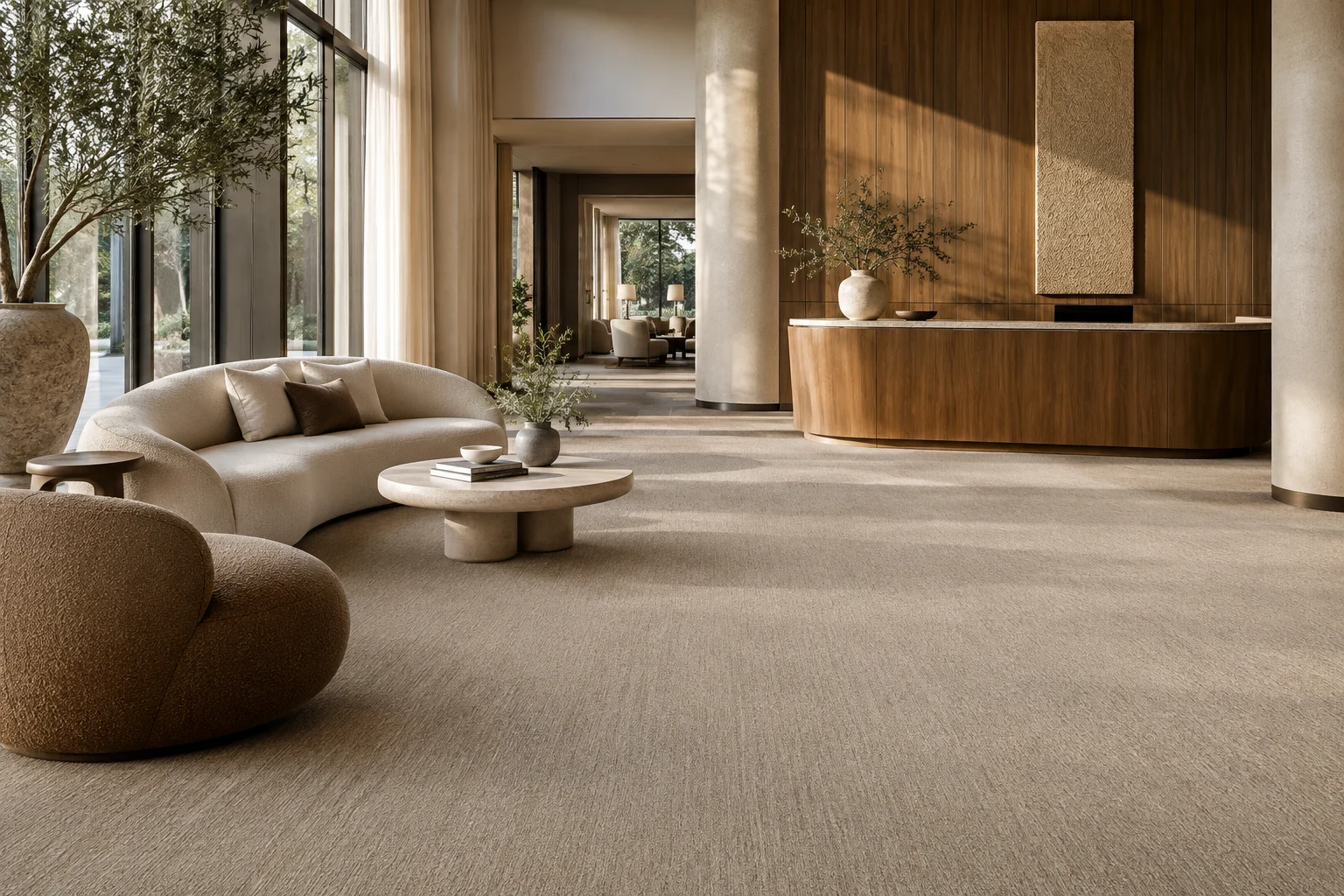 A boutique hotel lobby with tailored carpet flooring and walnut reception desk