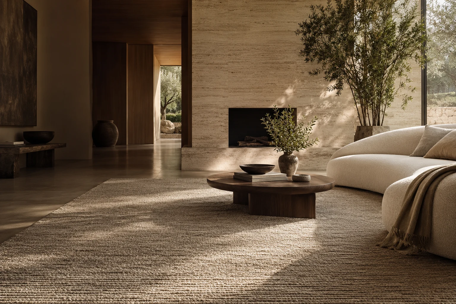 Sunlight falling across an ivory wool rug, walnut coffee table and sculptural sofa