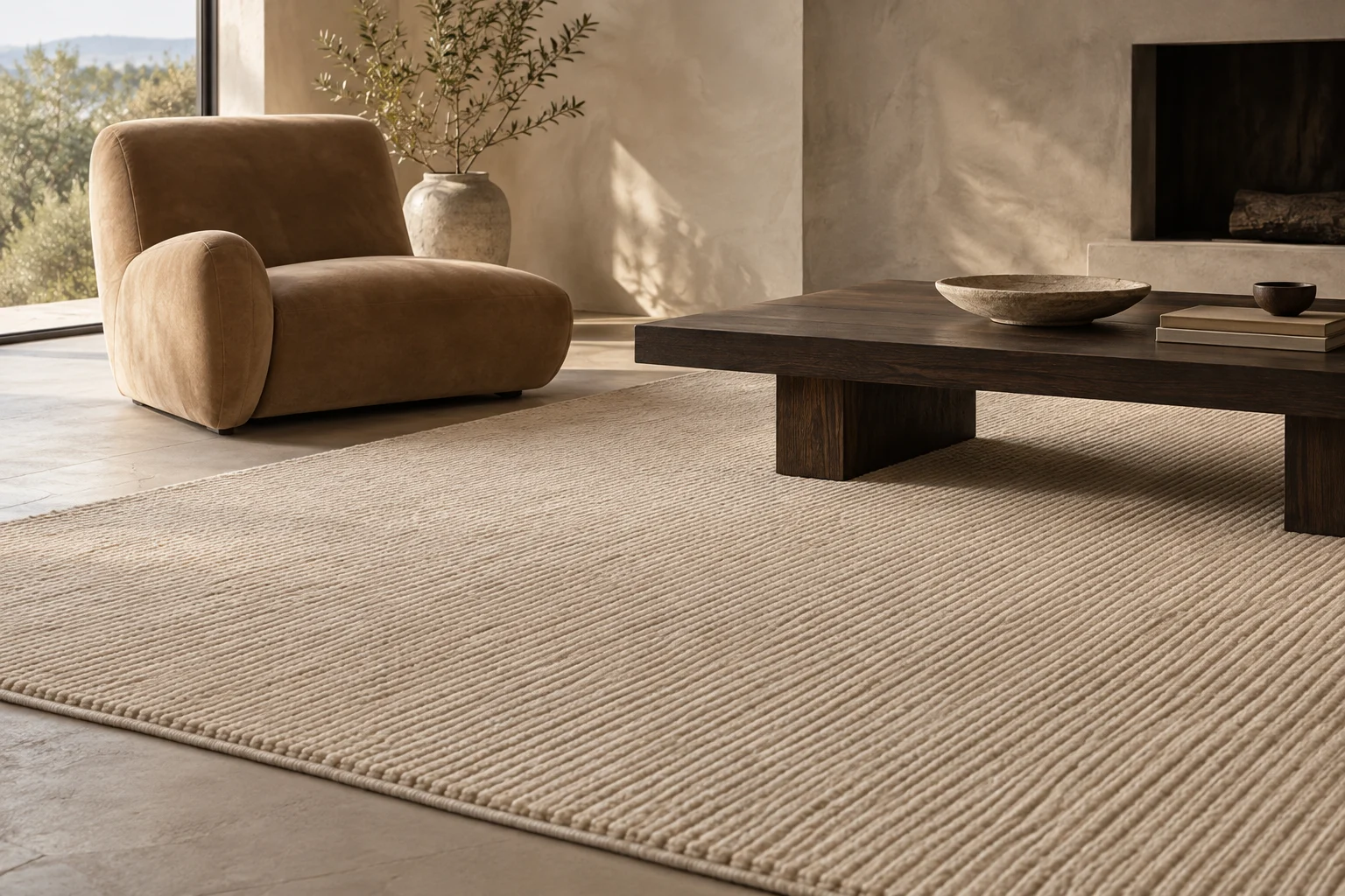A finely ribbed beige rug beneath an oak table and camel lounge chair