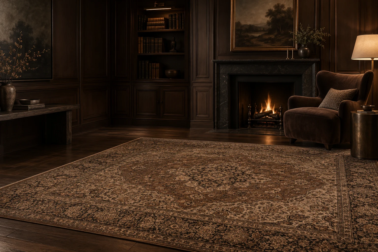 A heritage Persian carpet in a warm, walnut-panelled interior