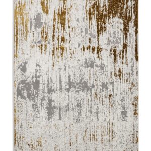 Apollo rectangular rug shown flat in grey and gold, with broken vertical streaks.