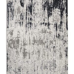 Apollo rectangular rug shown flat in grey and navy, with broken vertical streaks.