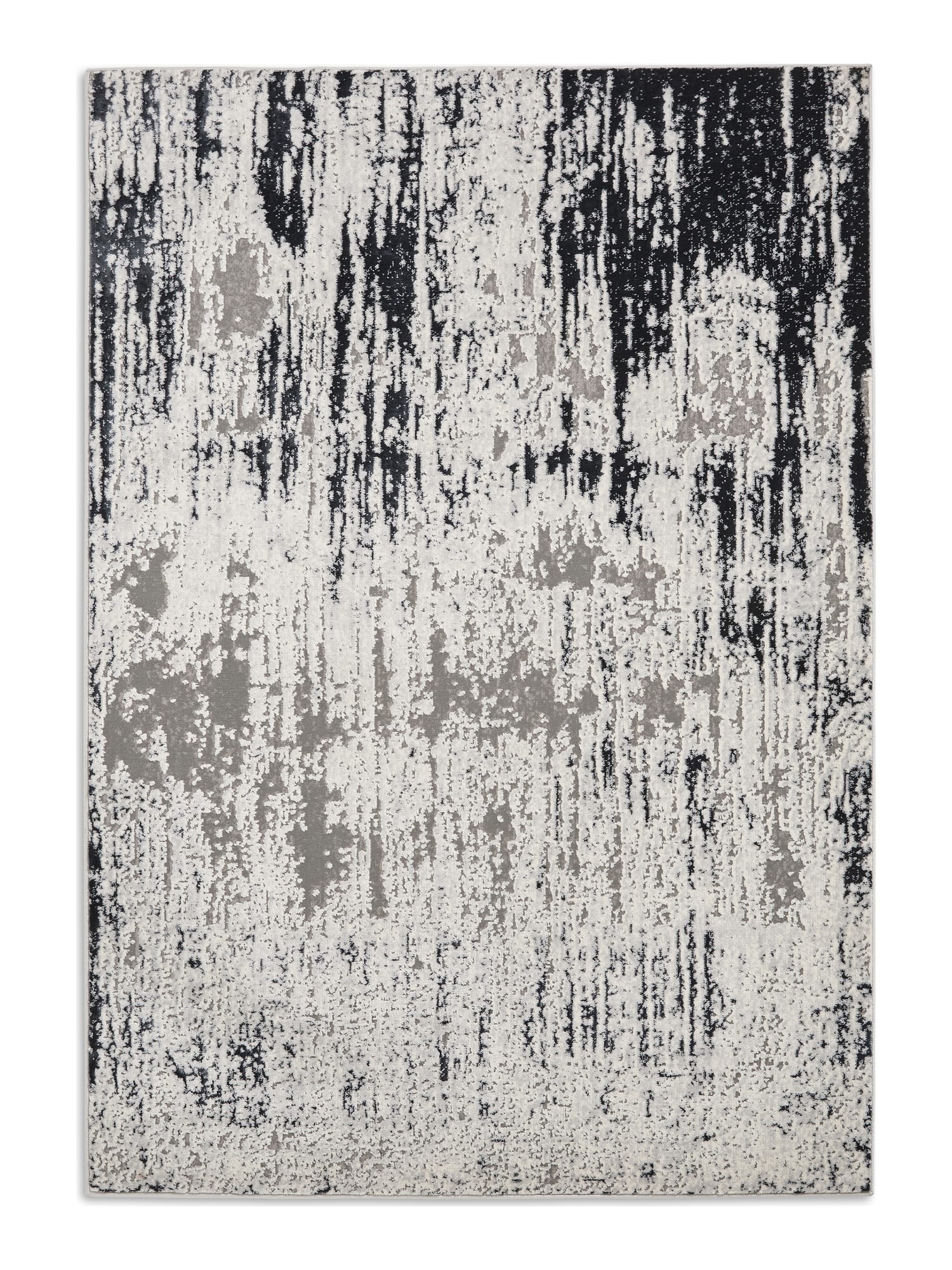 Apollo rectangular rug shown flat in grey and navy, with broken vertical streaks.