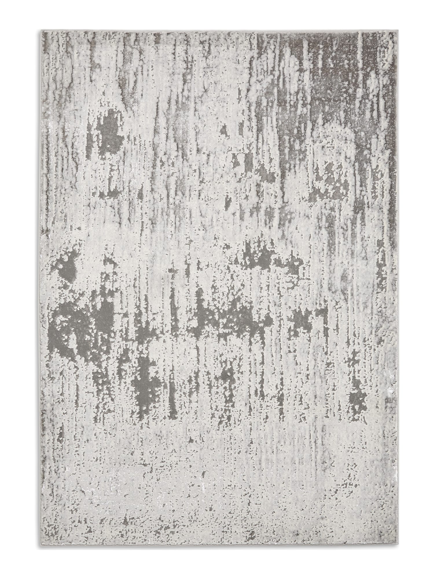 Apollo rectangular rug shown flat in grey and silver, with broken vertical streaks.