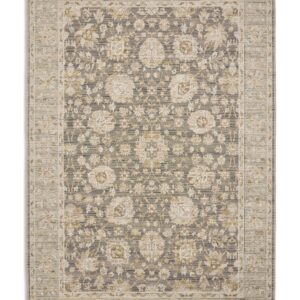 Arcadia rectangular rug shown flat in charcoal and gold, with repeating floral motifs framed by a broad border.