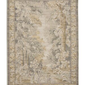 Arcadia rectangular rug shown flat in grey and gold, with branching botanical motifs within an ornate border.