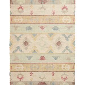 Bazaar Angular Bands Multi Jute Rug. Bazaar Angular Bands rectangular rug shown flat in mixed colours, with horizontal bands of angular motifs with fringed ends.