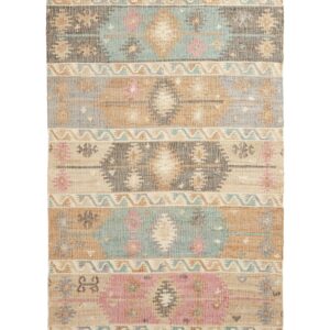 Bazaar Diamond Bands Multi Hand-Woven Rug. Bazaar Diamond Bands rectangular rug shown flat in mixed colours, with stacked diamond motifs and patterned bands with fringed ends.
