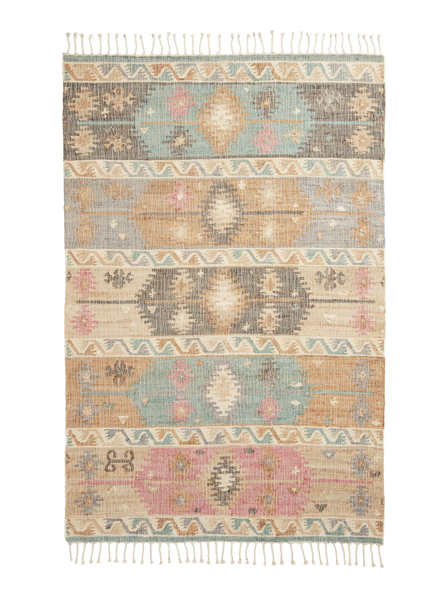Bazaar Diamond Bands Multi Hand-Woven Rug. Bazaar Diamond Bands rectangular rug shown flat in mixed colours, with stacked diamond motifs and patterned bands with fringed ends.