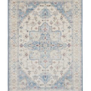 Bohemia rectangular rug shown flat in cream and blue, with a central medallion surrounded by small floral motifs and layered borders.
