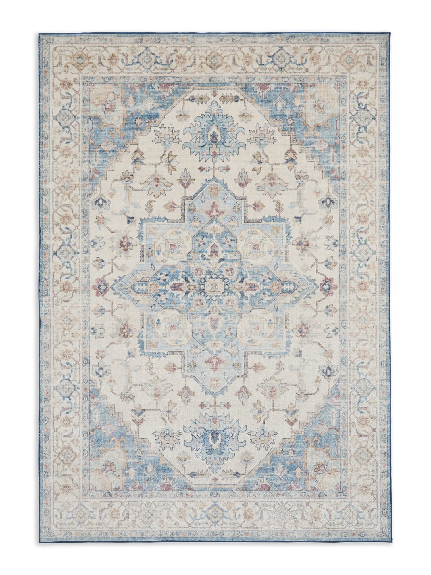 Bohemia rectangular rug shown flat in cream and blue, with a central medallion surrounded by small floral motifs and layered borders.