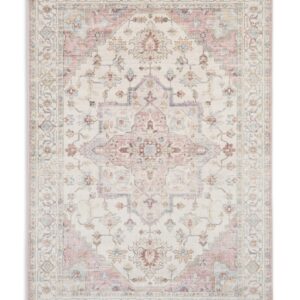 Bohemia rectangular rug shown flat in cream and pink, with a central medallion surrounded by small floral motifs and layered borders.