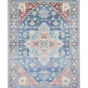 Bohemia Navy/Multi Washable Rug. Bohemia rectangular rug shown flat in navy and mixed colours, with a central medallion surrounded by small floral motifs and layered borders.