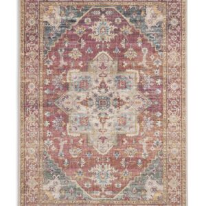 Bohemia Red/Multi Washable Rug. Bohemia rectangular rug shown flat in red and mixed colours, with a central medallion surrounded by small floral motifs and layered borders.