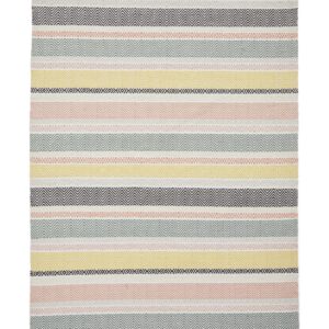 Cascade Pastel Multi Striped Cotton Rug. Cascade rectangular rug shown flat in pastel mixed colours, with horizontal stripes in alternating widths.
