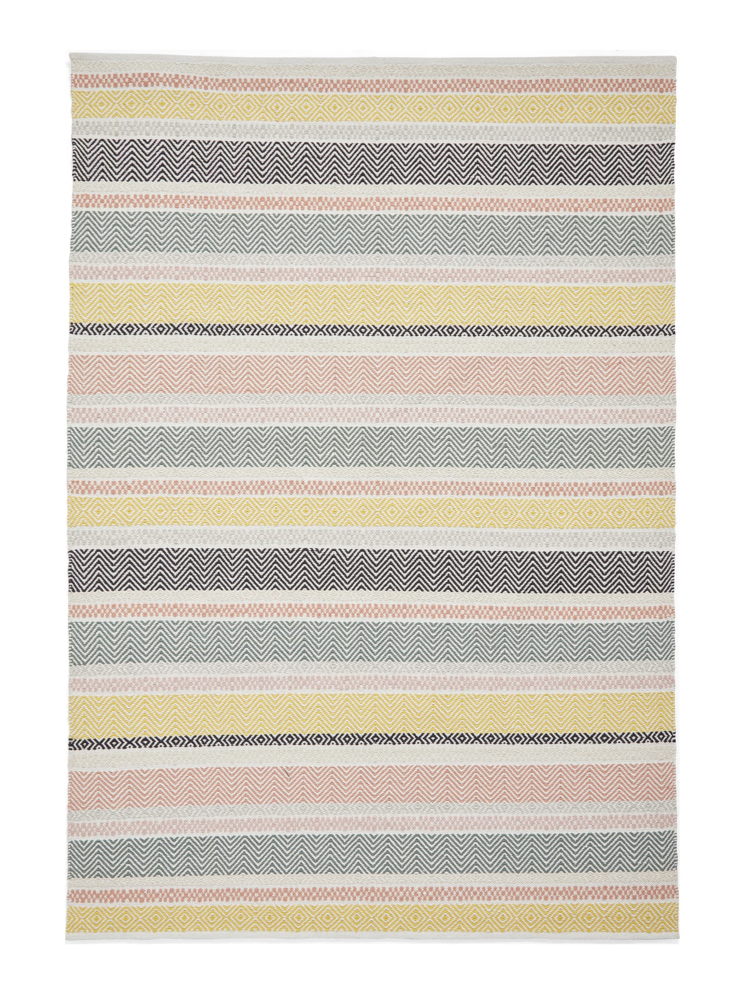 Cascade Pastel Multi Striped Cotton Rug. Cascade rectangular rug shown flat in pastel mixed colours, with horizontal stripes in alternating widths.