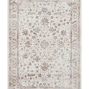 Creation rectangular rug shown flat in beige and silver, with small floral motifs enclosed by an ornate border.