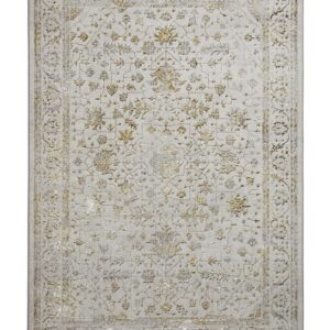 Creation rectangular rug shown flat in grey and gold, with small floral motifs enclosed by an ornate border.