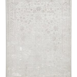 Creation rectangular rug shown flat in grey and silver, with small floral motifs enclosed by an ornate border.