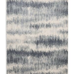 Drift rectangular rug shown flat in cream and blue, with irregular horizontal bands with softly broken edges.