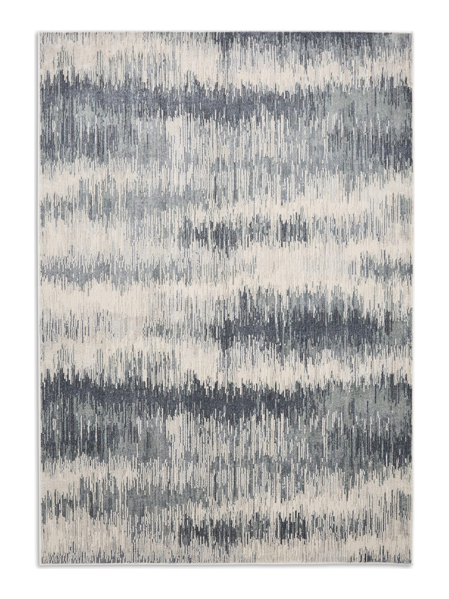 Drift rectangular rug shown flat in cream and blue, with irregular horizontal bands with softly broken edges.