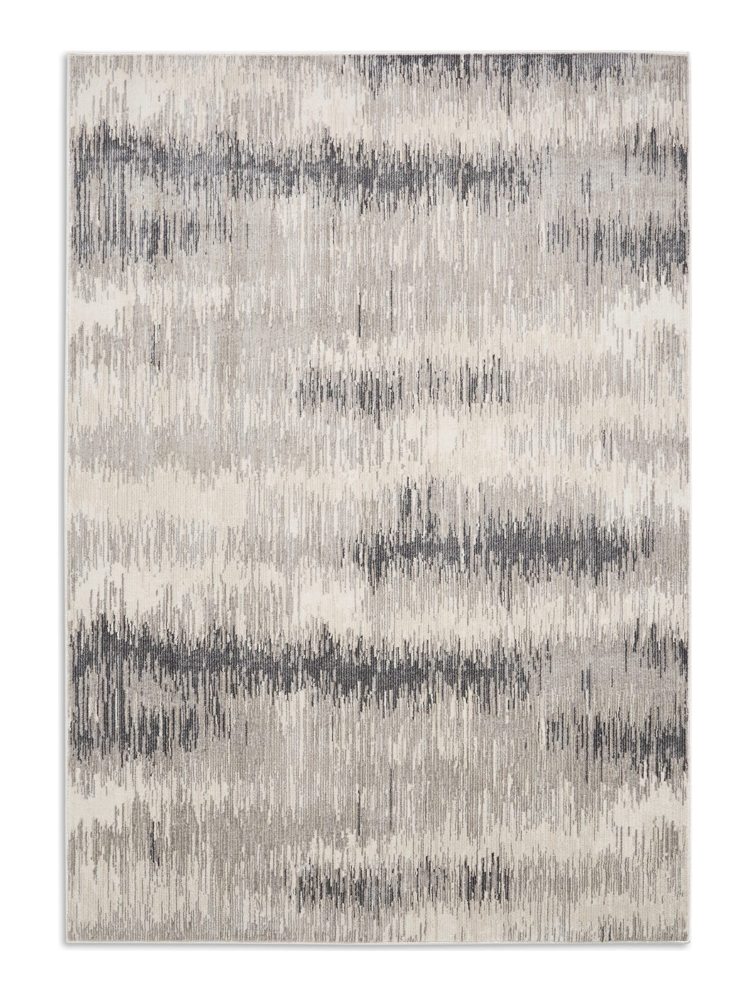 Drift rectangular rug shown flat in cream and grey, with irregular horizontal bands with softly broken edges.