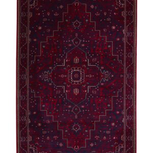 Dubai Central Medallion rectangular rug shown flat in red, with a large angular central medallion within patterned borders.