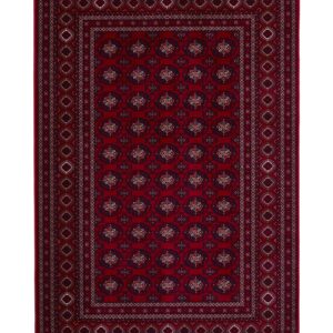 Dubai Diamond Border rectangular rug shown flat in red, with repeated small geometric motifs and a diamond-patterned border.