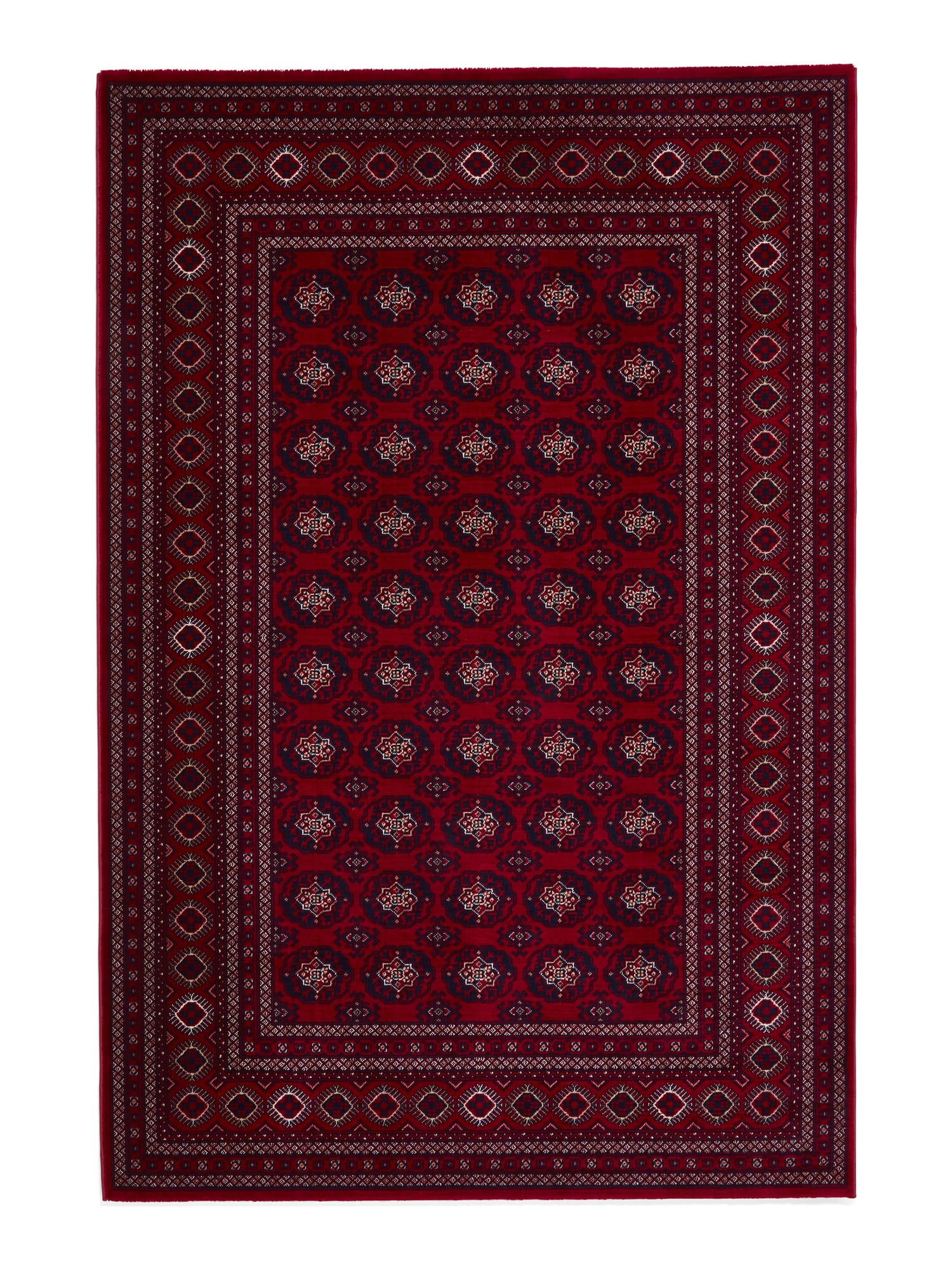 Dubai Diamond Border rectangular rug shown flat in red, with repeated small geometric motifs and a diamond-patterned border.