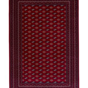 Dubai Diamond Rows rectangular rug shown flat in red, with rows of small diamond motifs inside dark patterned borders.