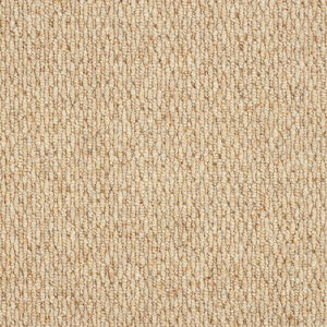 Close-up of Haworth Golden Linen Wool Loop Carpet, showing golden-beige tones and a flecked loop texture.