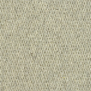 Close-up of Haworth Pale Flint Wool Loop Carpet, showing light grey tones and a flecked loop texture.