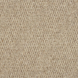 Close-up of Haworth Toasted Flax Wool Loop Carpet, showing warm brown-beige tones and a flecked loop texture.