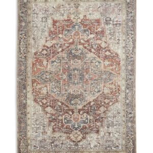 Heirloom Floral Border rectangular rug shown flat in rust and teal, with an ornate central medallion and softly faded floral border.
