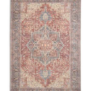 Heirloom rectangular rug shown flat in rust and blue, with a defined central medallion surrounded by ornamental motifs.