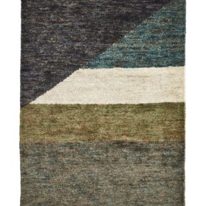 Hemp Multi Hand-Knotted Rug. Hemp rectangular rug shown flat in charcoal, teal, olive and cream, with broad colour blocks crossed by a diagonal division.