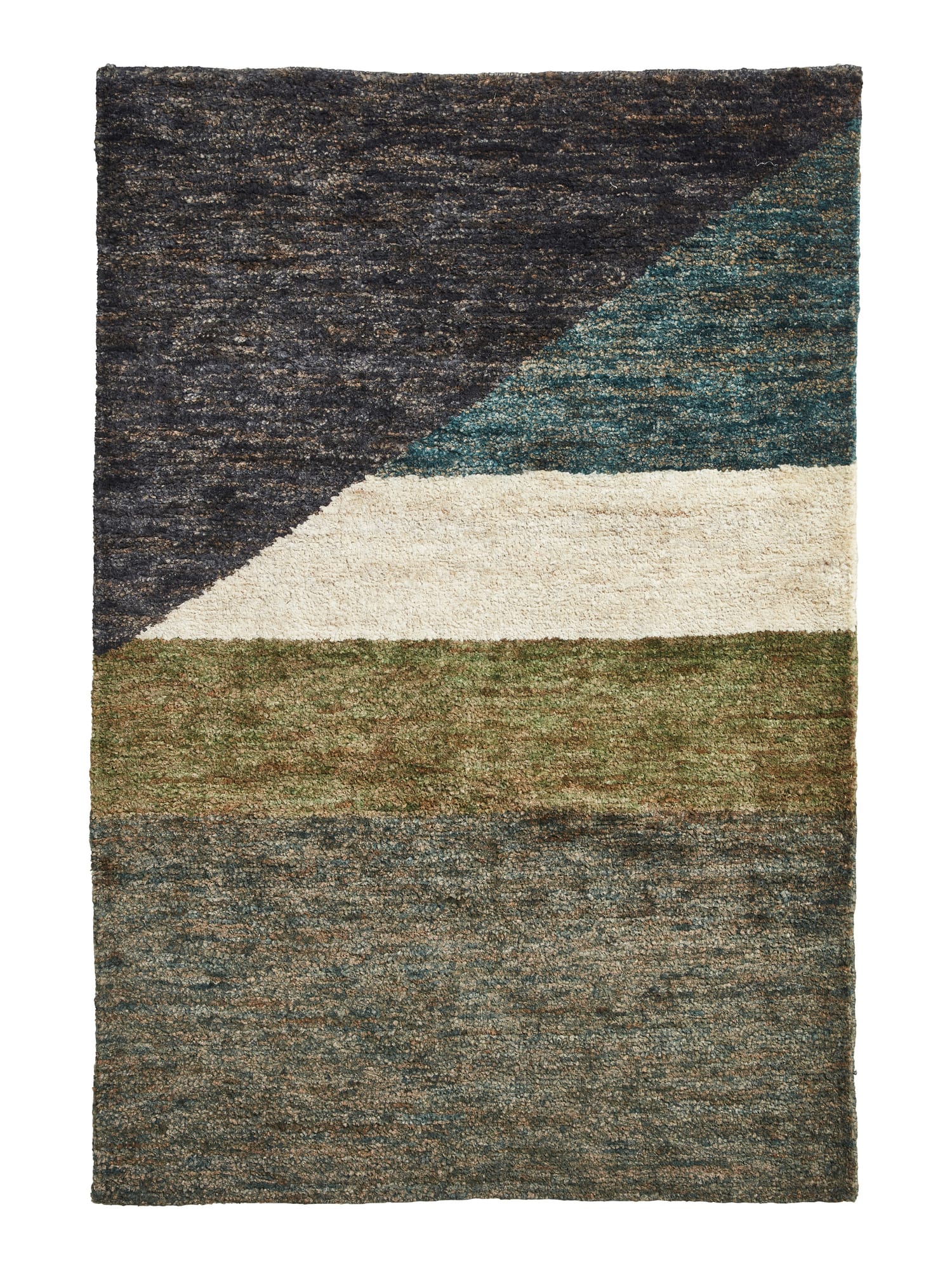 Hemp Multi Hand-Knotted Rug. Hemp rectangular rug shown flat in charcoal, teal, olive and cream, with broad colour blocks crossed by a diagonal division.