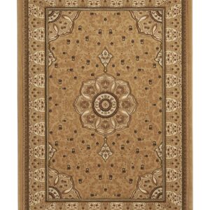 Heritage rectangular rug shown flat in beige, with a small central medallion with scattered motifs and layered borders.