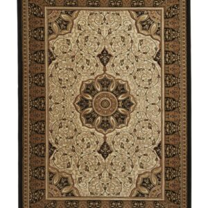 Heritage rectangular rug shown flat in black and cream, with an ornate central medallion on a pale field with a contrasting border.