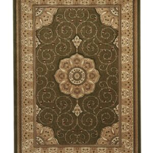 Heritage rectangular rug shown flat in green, with a central floral medallion with curling motifs and a broad border.