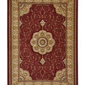 Heritage rectangular rug shown flat in red, with a central floral medallion with curling motifs and a broad border.