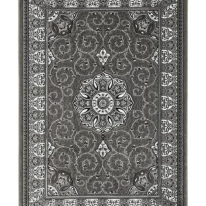 Heritage rectangular rug shown flat in silver, with a central floral medallion with curling motifs and a broad border.