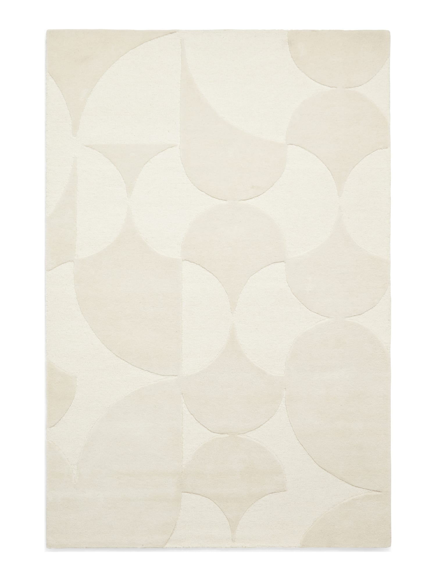Hudson Bay Interlocking Circles rectangular rug shown flat in ivory, with interlocking circles and curved geometric shapes.