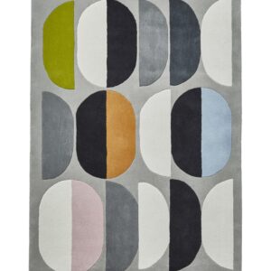Inaluxe Composition rectangular rug shown flat in grey, black and cream with yellow, blue and pink accents, with rows of paired semicircles.