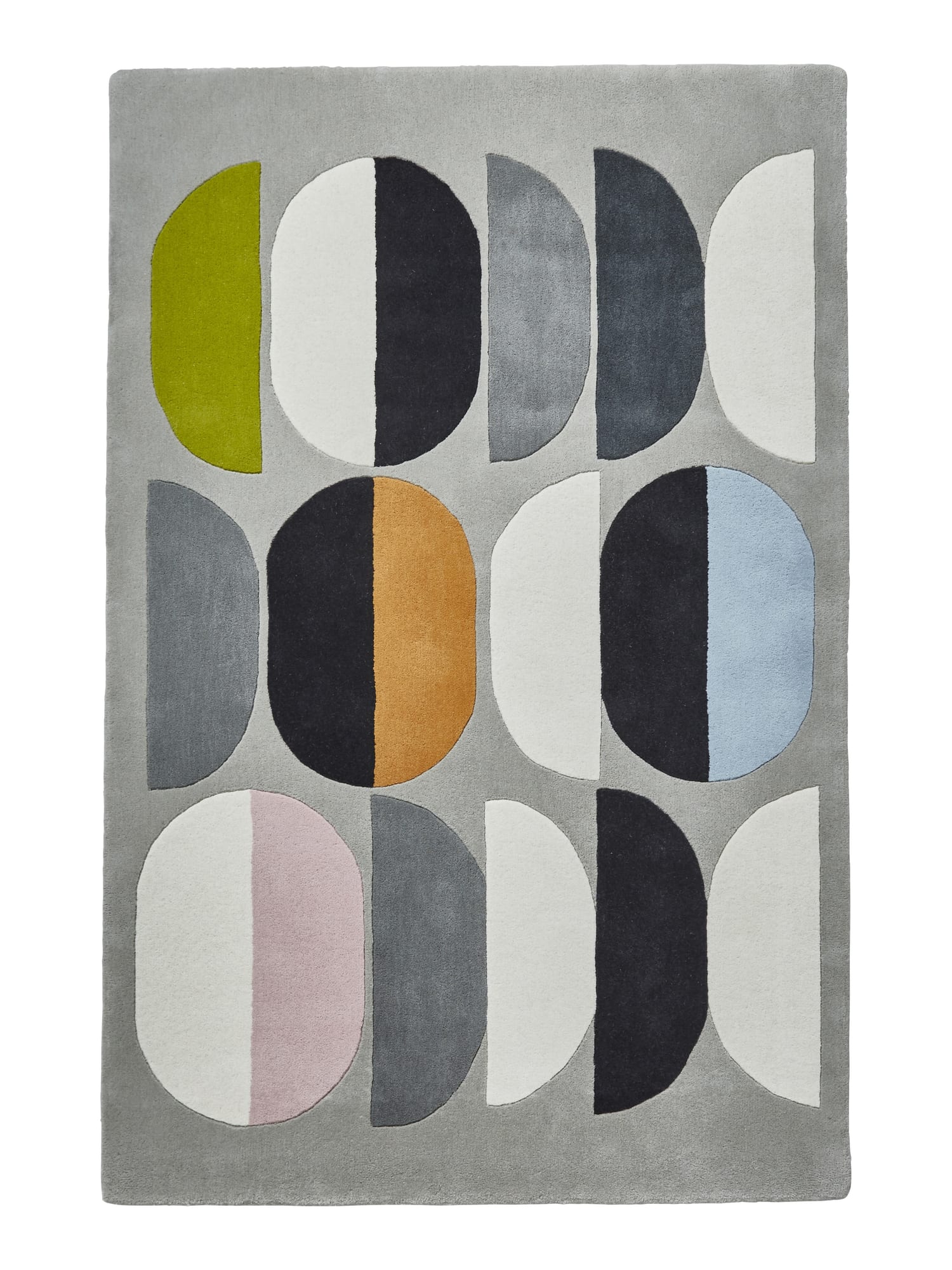 Inaluxe Composition rectangular rug shown flat in grey, black and cream with yellow, blue and pink accents, with rows of paired semicircles.