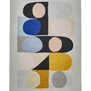 Inaluxe Jazz Flute rectangular rug shown flat in grey and cream with blue, yellow, pink and black shapes, with stacked circles, semicircles and rectangular blocks.