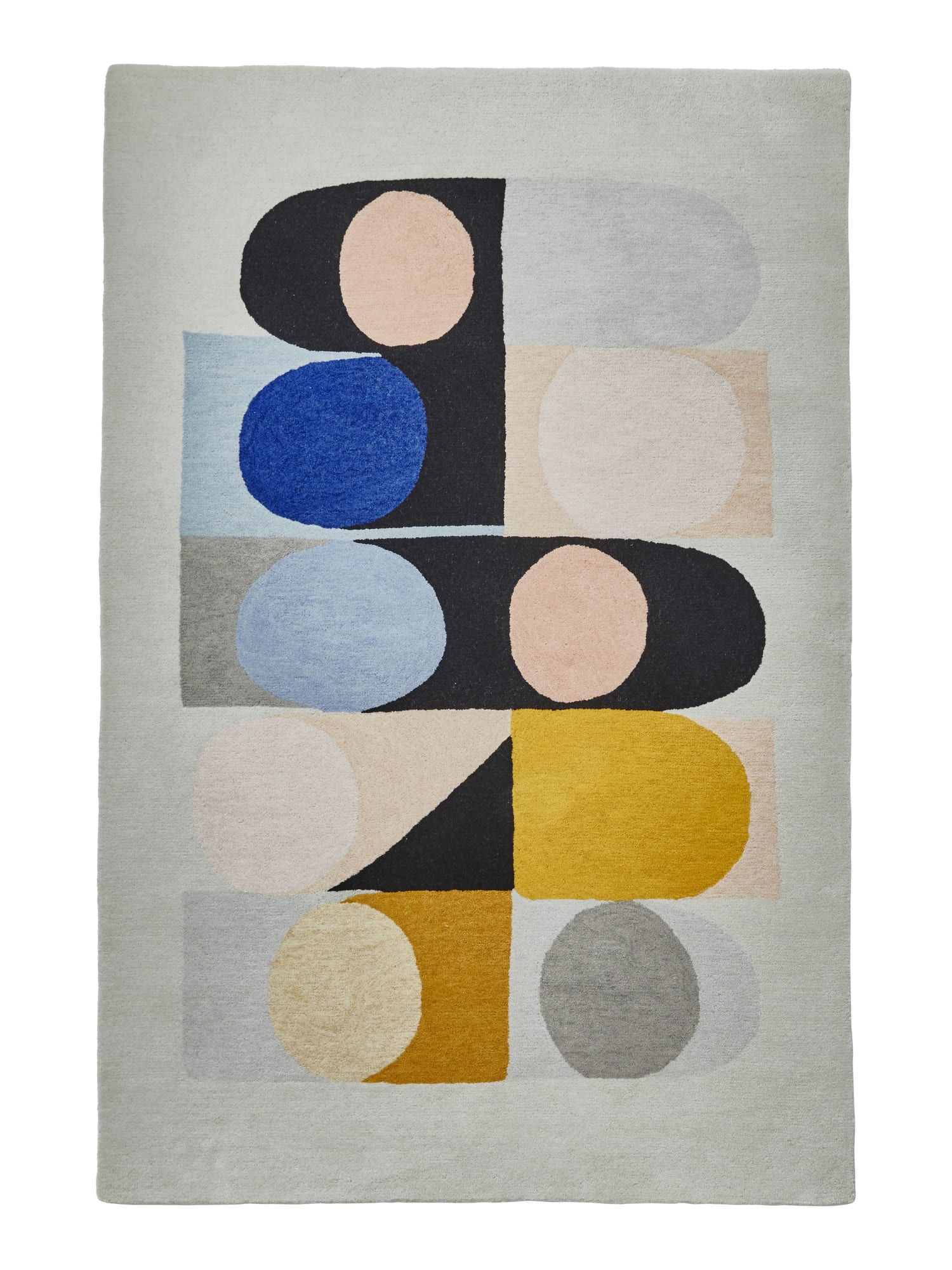 Inaluxe Jazz Flute rectangular rug shown flat in grey and cream with blue, yellow, pink and black shapes, with stacked circles, semicircles and rectangular blocks.