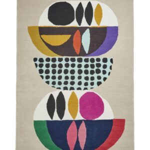 Inaluxe Neon rectangular rug shown flat in cream with bright multicoloured shapes and black details, with stacked bowl-like shapes, ovals and a dotted band.