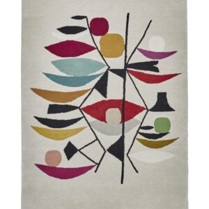 Inaluxe Shipping News rectangular rug shown flat in cream with red, yellow, teal, pink and black shapes, with branching black lines and colourful abstract leaf-like shapes.